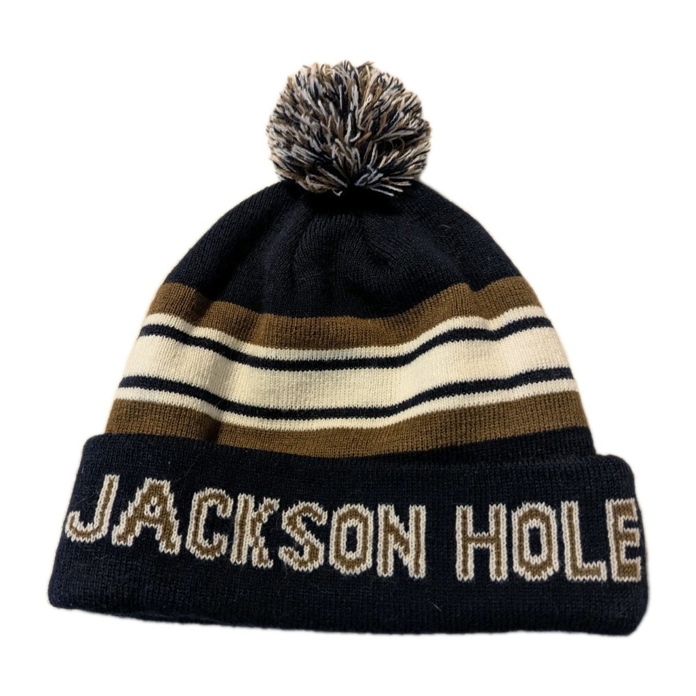 Dimco Apparel Jackson Hole Wyoming Striped Pom Pom Cuffed Beanie Hat‎ Navy Blue
